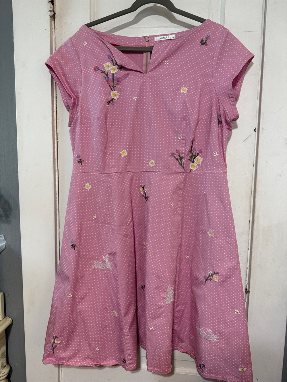 eshakti Pink Polka Dot Floral Fit-and-Flare Dress